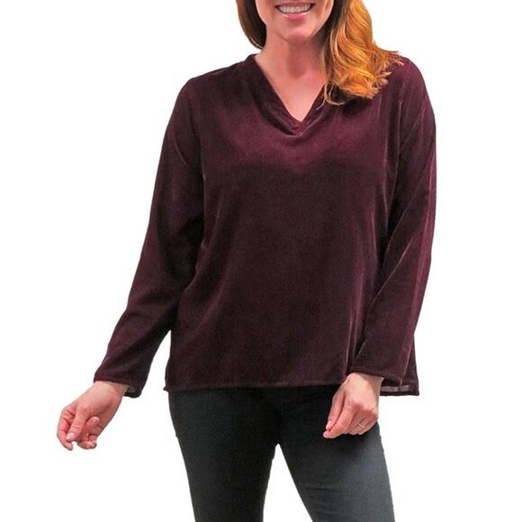 Karyn Seo Della Velvet V-Neck Boxy Fit Shirt Womens Size Large Beet Red - Picture 1 of 7